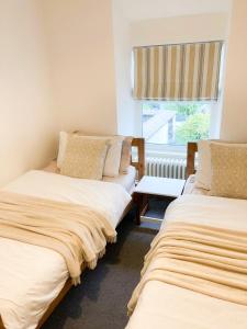 zwei Betten in einem Zimmer mit Fenster in der Unterkunft Dolbach Cottage Snowdonia in Blaenau-Ffestiniog