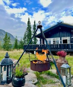 a fire pit in front of a house at Family-Friendly Mountain Cabin At Haglebu in Eggedal