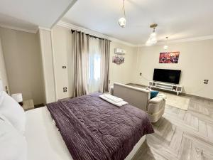 Un dormitorio con una cama, un sofá y un televisor. en Unique Room, en El Cairo