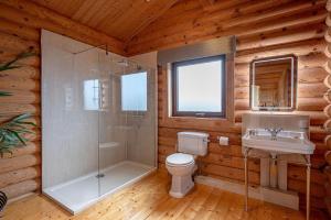 a bathroom with a shower and a toilet and a sink at Constable Burton in Constable Burton +22 photos