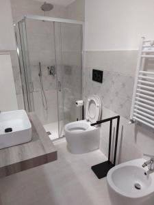 a bathroom with a shower and a toilet and a sink at Il Fienile in Casole dʼElsa