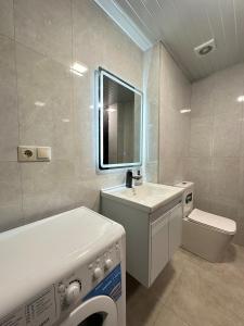a bathroom with a sink and a washing machine at Alvina Terrace in Tsaghkadzor