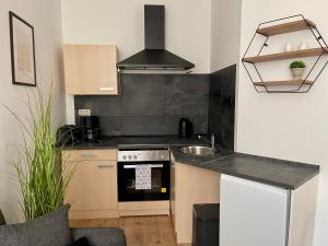 a kitchen with a sink and a stove top oven at Ferienwohnung - Auszeit - Buchholzer Straße 29 in Annaberg-Buchholz