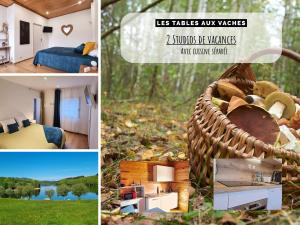 a collage of pictures of a bedroom and a basket at Chambres d'Hôtes avec cuisine au lac de la Raviège - Les Tables Aux Vaches in La Salvetat