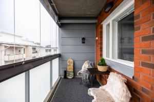 two dogs sitting on a balcony next to a window at Arctic Wave City Suite in Rovaniemi