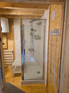 a shower in a room with a glass door at Daglezji 170 in Dziwnów +90 photos