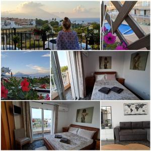 un collage de photos d'une chambre avec un lit et une vue dans l'établissement SunRise Den, a pie de playa, vista al mar y piscina, à El Alamillo