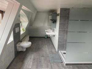 a bathroom with a toilet and a sink at Moderne Monteur- und Ferienwohnung am Plettenberg in Dotternhausen