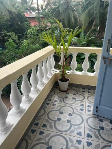 a staircase with white vases and plants on a balcony at Aesthetic Apartment in NorthGoa in Siolim