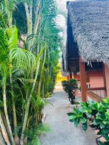 a garden with palm trees and plants next to a building at Le Paradisier Hotel Restaurant in Antsohihy +10 photos