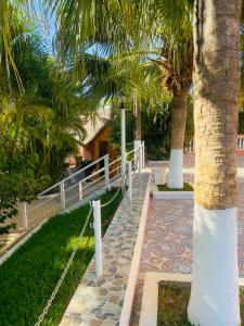 een pad met palmbomen en een wit hek bij Le Paradisier Hotel Restaurant in Antsohihy