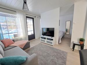 Una sala de estar con un sofá y un televisor. en Aurinkohiekka A1, en Kalajoki