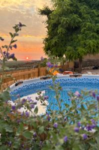 a blue swimming pool with a sunset in the background at Monte da Rocha-Mãe 