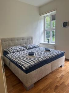 a large bed in a bedroom with a window at Apartman Bellevue in Špindlerův Mlýn