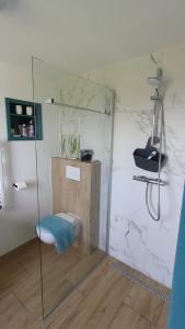 a bathroom with a shower with a bench and a toilet at Gerestylde vintage caravan "Zee" met luxe badkamer bij "de Kapitein" in 't Horntje