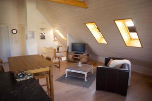 a living room with a couch and a tv and skylights at Apartment with charm and dream view in Hosenruck +21 photos
