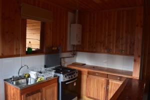 a kitchen with wooden cabinets and a stove and a sink at Vista Hermosa Conguillio in Conguillío