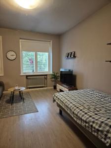 a bedroom with a bed and a table and a window at Central Studio in Vaasa with Free Parking in Vaasa