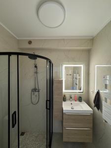 a bathroom with a shower and a sink and a mirror at Luxury Apartment with Sea View and Private Beach Access in Cannes