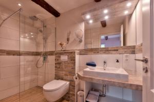 a bathroom with a sink and a toilet and a shower at Seepferdchen in Stinteck