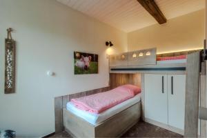 a bedroom with a bunk bed with a pink blanket at Wattenläuper in Stinteck