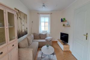 a living room with a couch and a tv at Ferienwohnung Strandläufer Dagebüll in Dagebüll