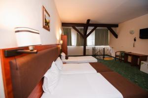 a hotel room with two beds and a table at Hotel Fantanita Haiducului in Bradu +131 photos