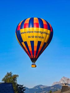 a colorful hot air balloon flying in the sky at L'Envol de Praz - Proche pistes et base de loisirs in Praz-sur-Arly