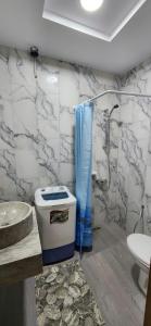 a bathroom with a shower and a toilet and a sink at Dar ATTIA Ezzahra KELIBIA in Ḩammām al Ghazzāz +21 photos