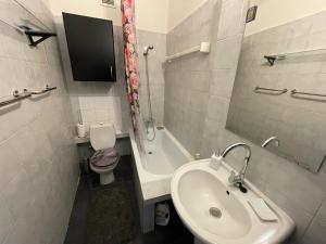 een witte badkamer met een wastafel en een toilet bij Apartmán LACRON Praha in Praag +30 foto's