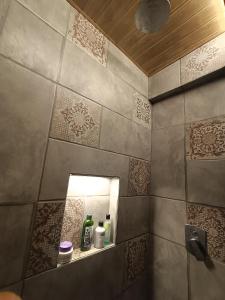 ChinchwadにあるSpacious 2BHK with ensuite bath and officeの鏡と壁にいくつかのボトルが置かれたバスルーム