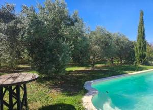 - une table de pique-nique en bois à côté de la piscine dans l'établissement Les oliviers, à Saint-Didier