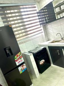 Una cocina con un refrigerador negro y un fregadero. en The Willows Apartment - Cozy Two Bedroom all en-suite Apartment, en Kumasi