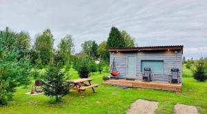 a small cabin with a picnic table in a yard at Välja Puhkemaja in Üksnurme