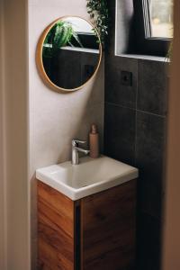 a bathroom with a sink and a mirror at Laimeskalni in Koknese +52 photos