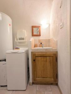 La petite salle de bains est pourvue d'un évier et d'un réfrigérateur. dans l'établissement Le Mistral - Pont du Gard - Cozy & Intime - WiFi fibre -TV, à Saint-Bonnet-du-Gard