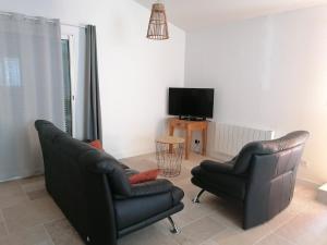ein Wohnzimmer mit zwei Stühlen und einem Fernseher in der Unterkunft Maison de 80m2 avec cour fermée et sécurisée in Crozes-Hermitage