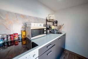a kitchen with a counter top with a microwave at Charming old building for 2 in Magdeburg +2 photos