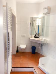 een badkamer met een toilet, een wastafel en een spiegel bij MAVO Hospitality Stuttgart Marienplatz in Stuttgart