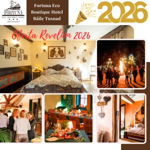 un collage de photos d'une chambre avec un lit dans l'établissement Fortuna Eco - Boutique Hotel, à Băile Tuşnad