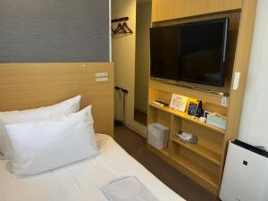 Una habitación de hotel con una cama y un televisor de pantalla plana. en レンブラントイン青森, en Aomori 35 fotos más