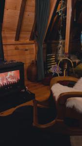 een slaapkamer met een bed en een open haard in een kamer bij Ilıca Bungalov in Ardeşen