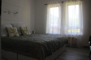 a bedroom with a large bed with two windows at Auszeit in Bad Dürkheim