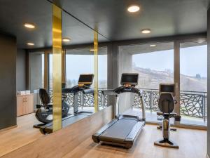 a gym with treadmills and ellipticals and windows at Minaro Hotel Tokaj - MGallery Collection in Tokaj