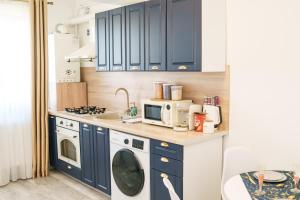 a kitchen with blue cabinets and a washing machine at Erwin s Studio Sky View in Bariera Vîlcii