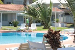 a pool with white chairs and a palm tree next to it at Hotel Barbarella Swimming in Giugliano in Campania