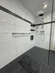 a bathroom with a shower with a glass door at Ferienwohnung Michena in Waldshut-Tiengen +19 photos