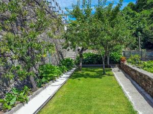 a garden with trees and grass next to a wall at Casa dei Cigni in Cannobio