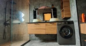 a bathroom with a washing machine and a mirror at Mtrediani Wine Lodge in Kobuleti