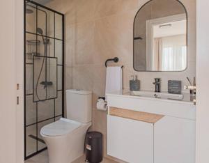 a bathroom with a toilet and a sink and a mirror at TelMar Royal Villa in Mazotos